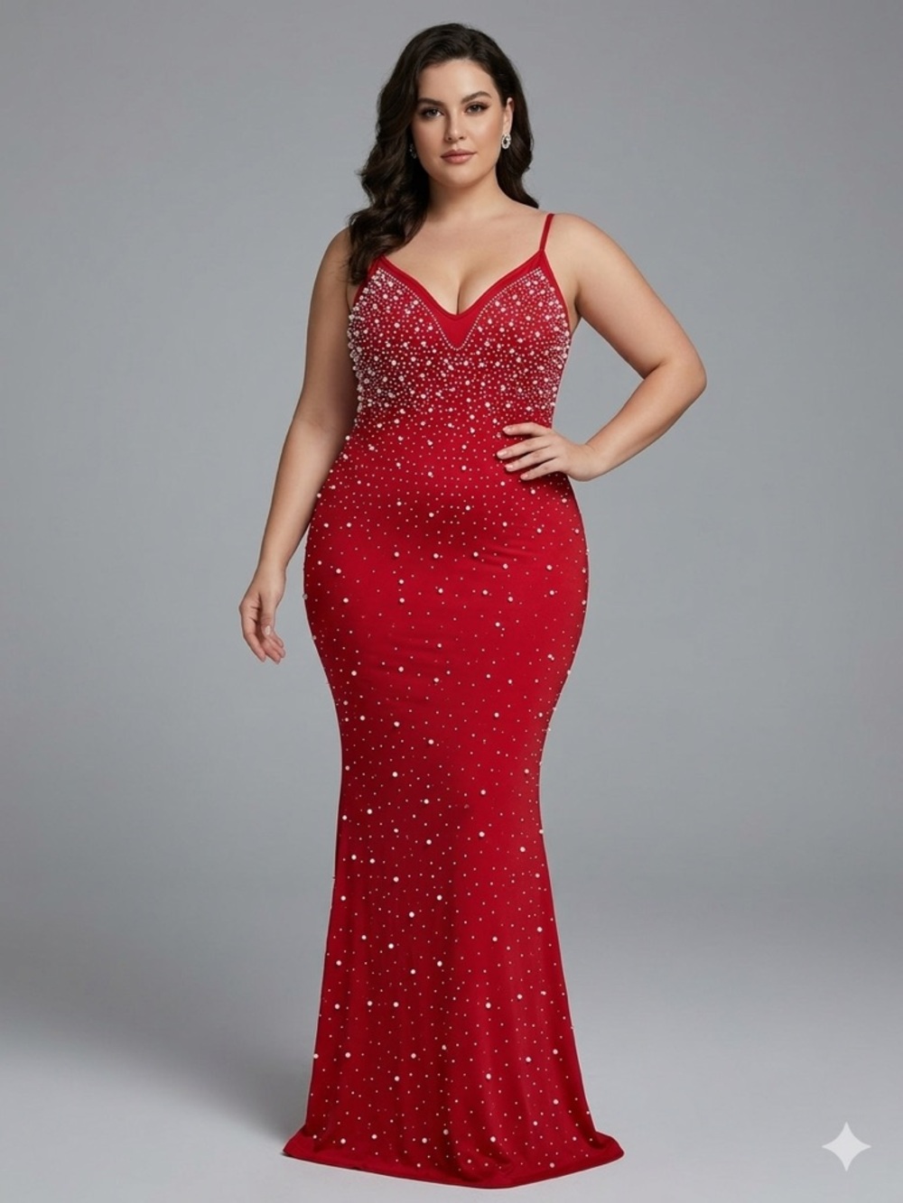 Red Sleeveless Beaded Mermaid Evening Dress